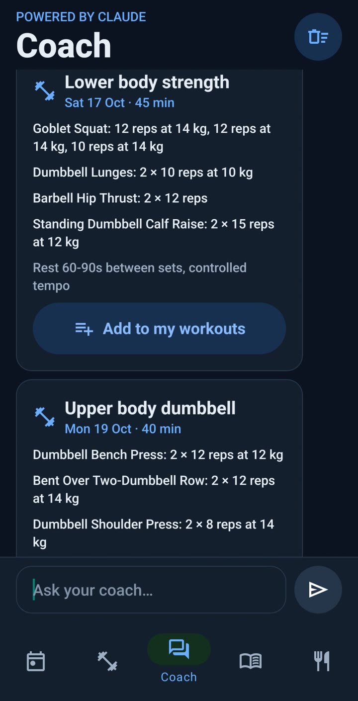 The coach's planned sessions as cards, each with an Add to my workouts button.