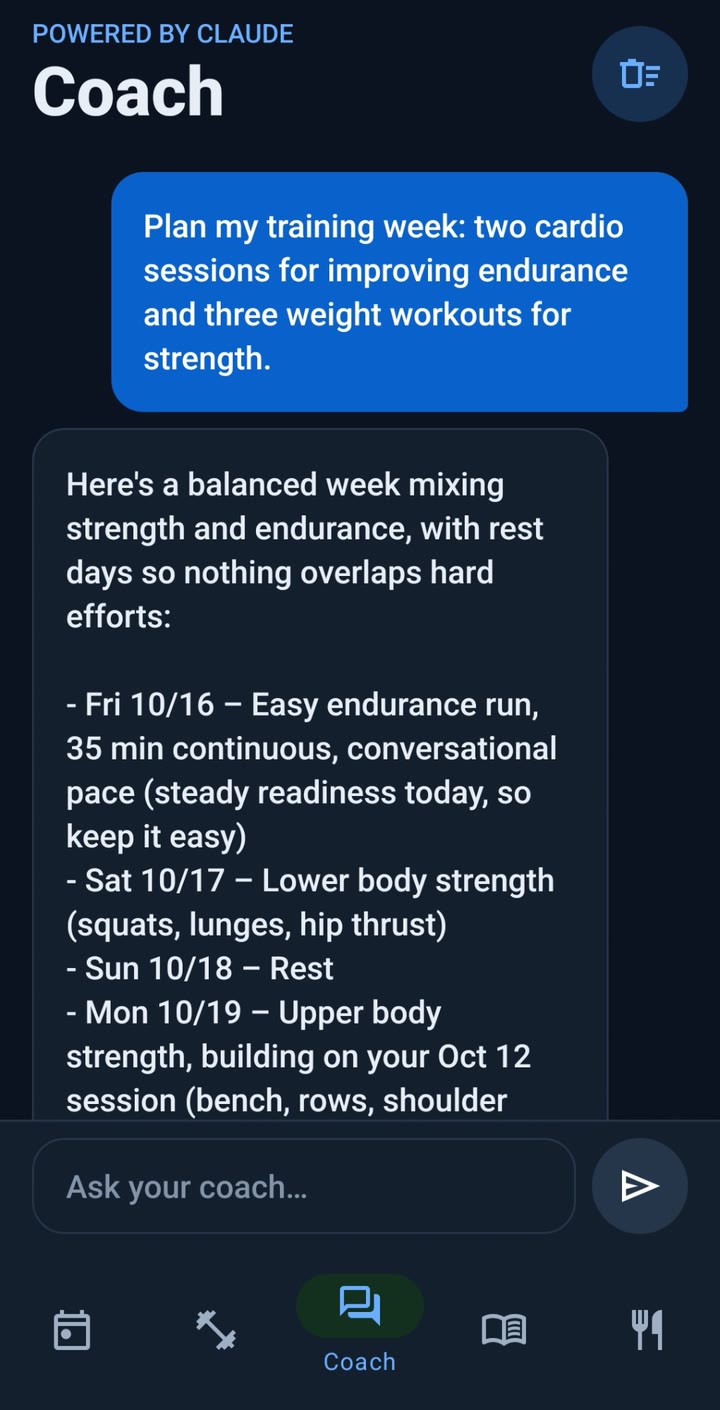 The RunLift coach screen: a request to plan a training week, and the coach's balanced week in reply.