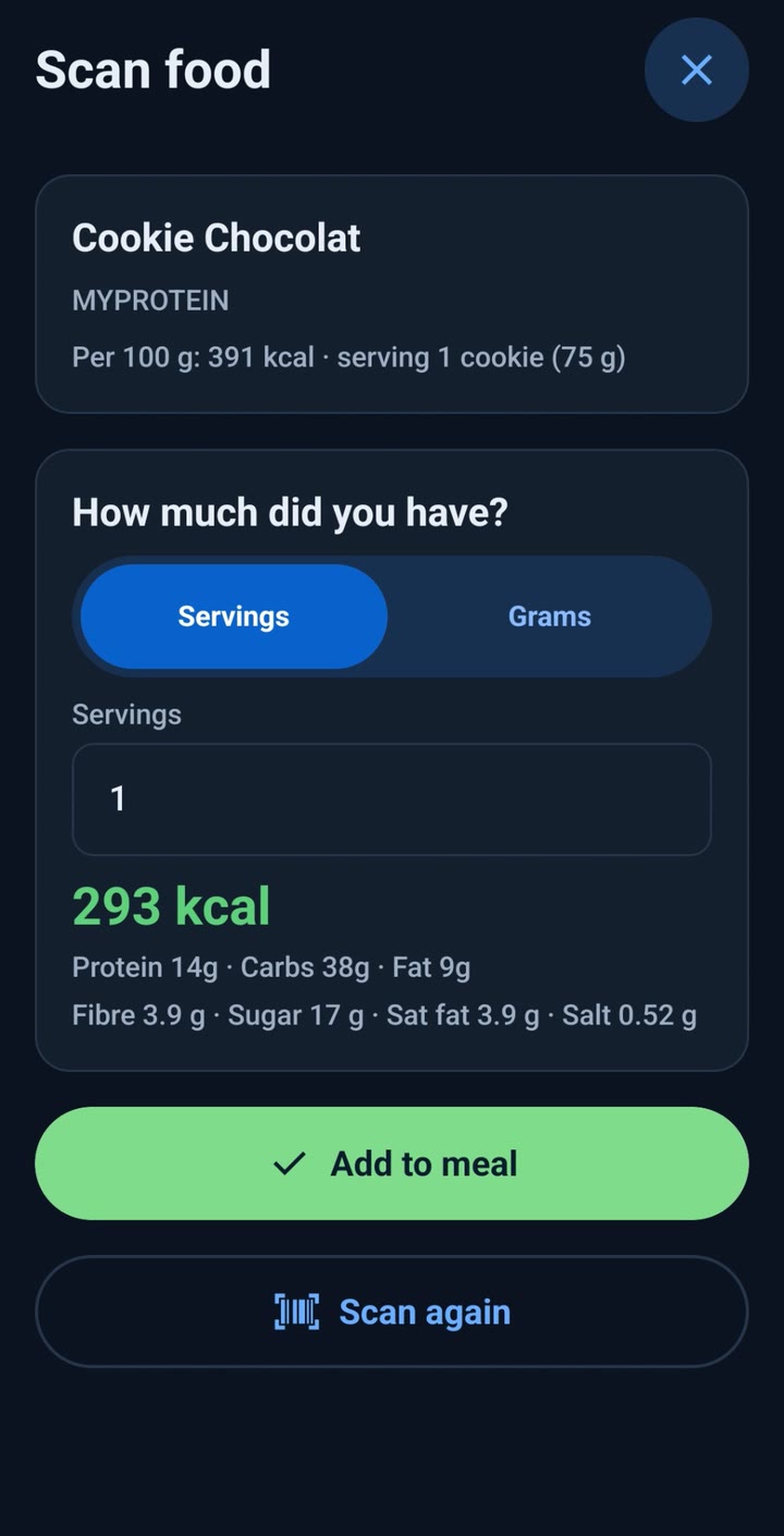 The RunLift scan food screen after scanning a barcode: the product, how much you had, and the calories, protein, carbs, fat, fibre, sugar, saturated fat and salt, with an Add to meal button.