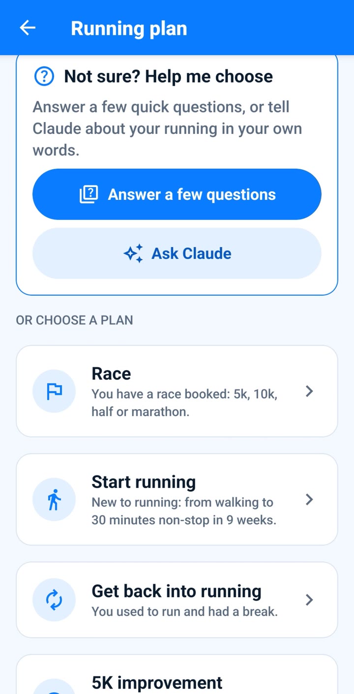 The RunLift running plan screen in the light look: a white background with blue buttons.