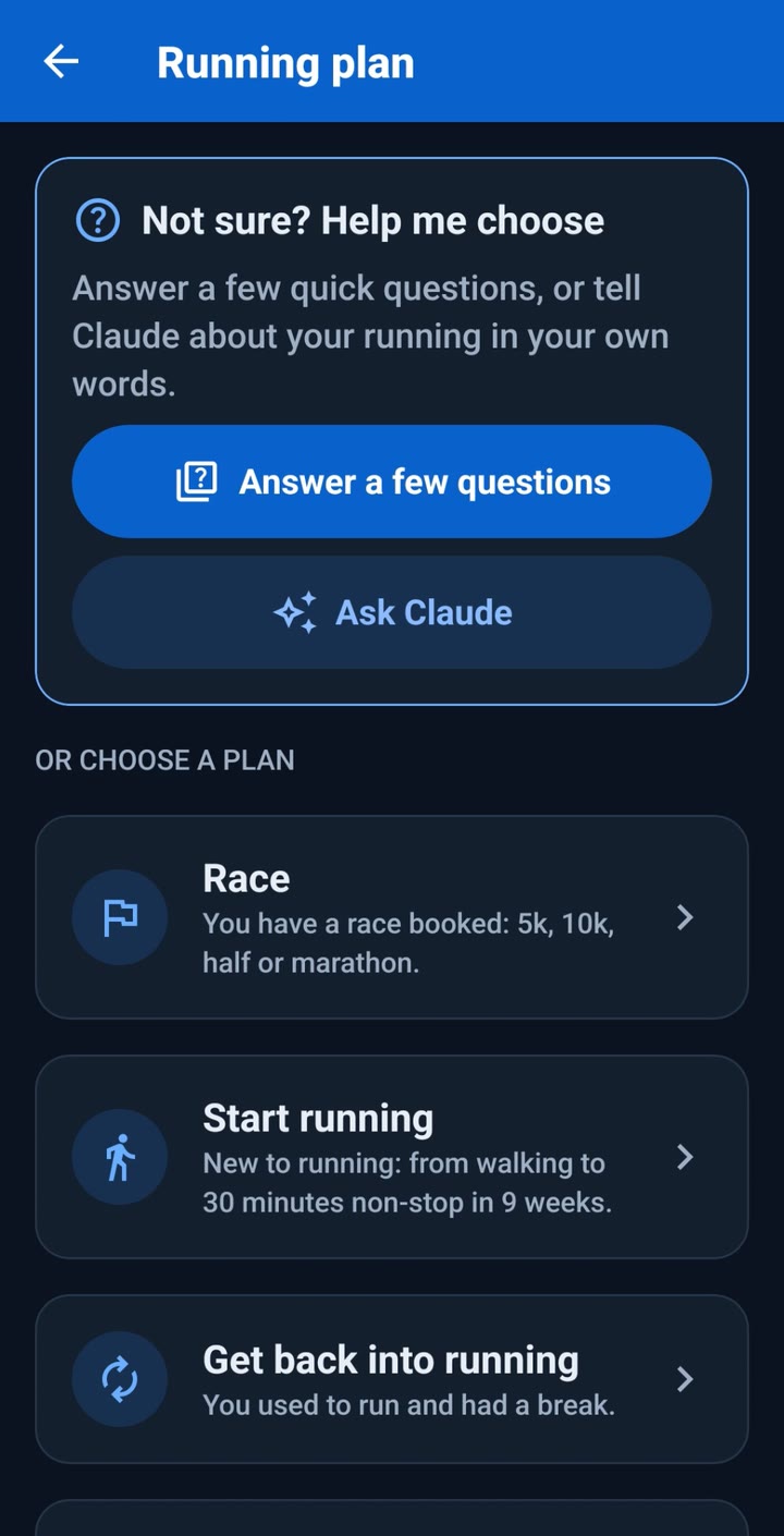 The RunLift running plan screen: answer a few questions or choose a plan such as Race, Start running or Get back into running.